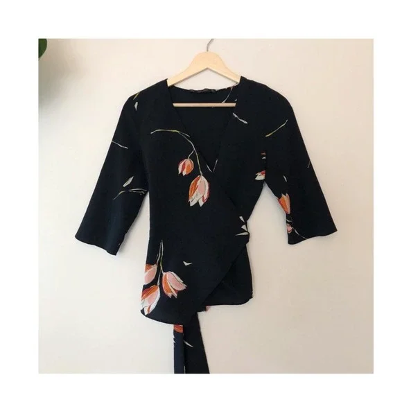 Zara Basic Collection Black Floral‎ Print Wrap Top Blouse Medium - Picture 5 of 7